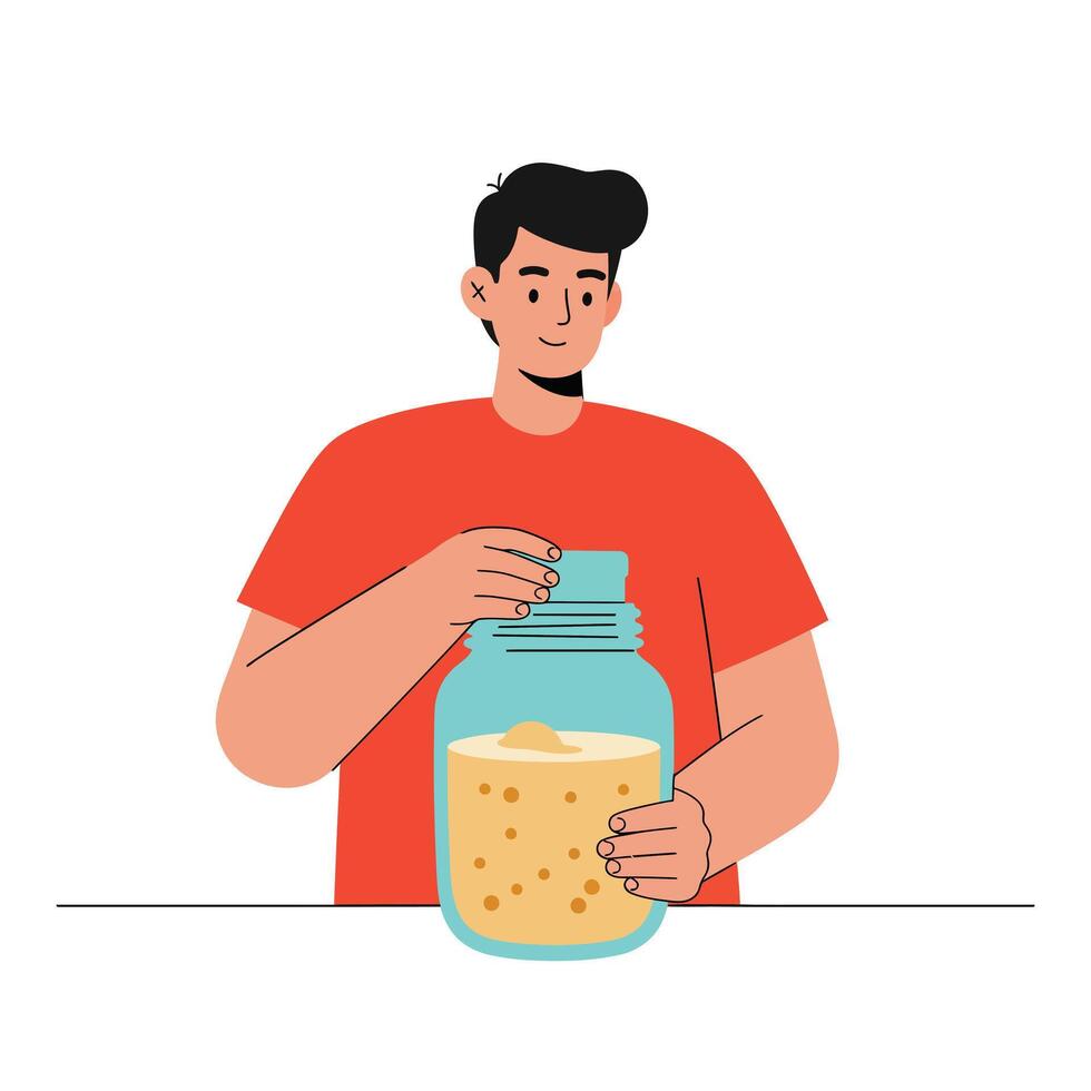 Man holding jar filled with ingredients in flat illustration style art vector