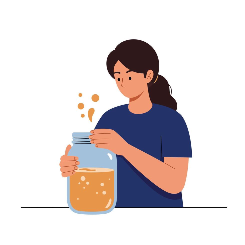 Woman interacting with jar, flat design showcasing fermentation process in art vector