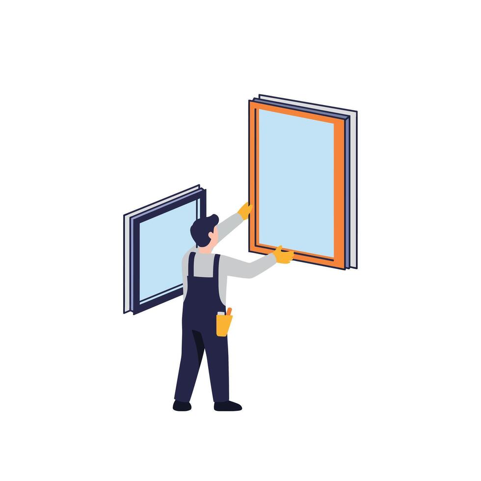 Worker installing a new window frame in flat art style illustration vector