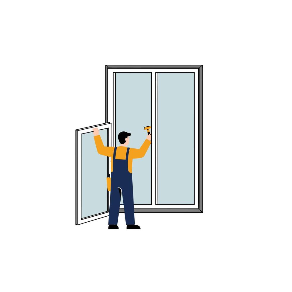 Worker installing window frame in flat design style art vector