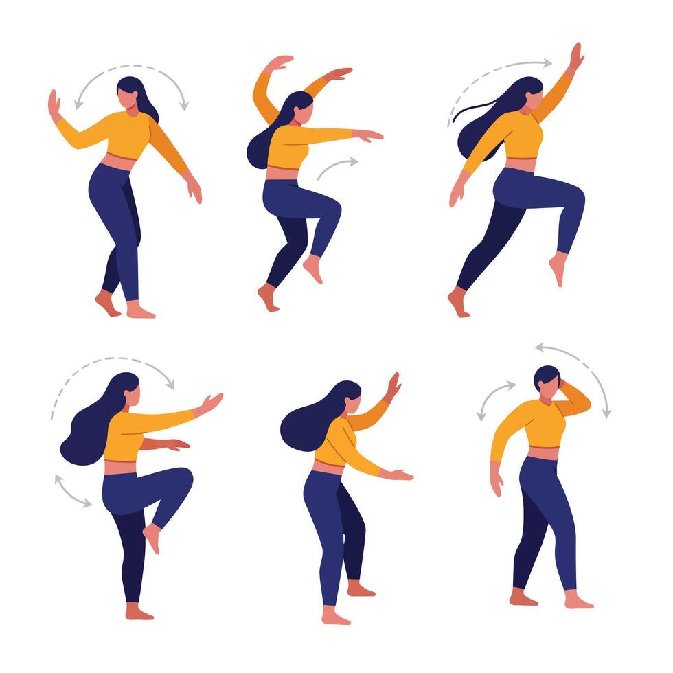 Woman performing various dance movements in flat style art vector