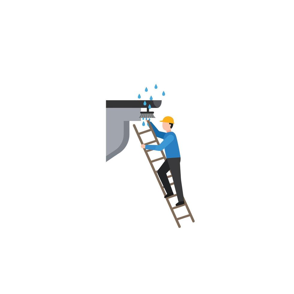 Worker on Ladder Fixing Leak in Gutter with Flat Art Style vector