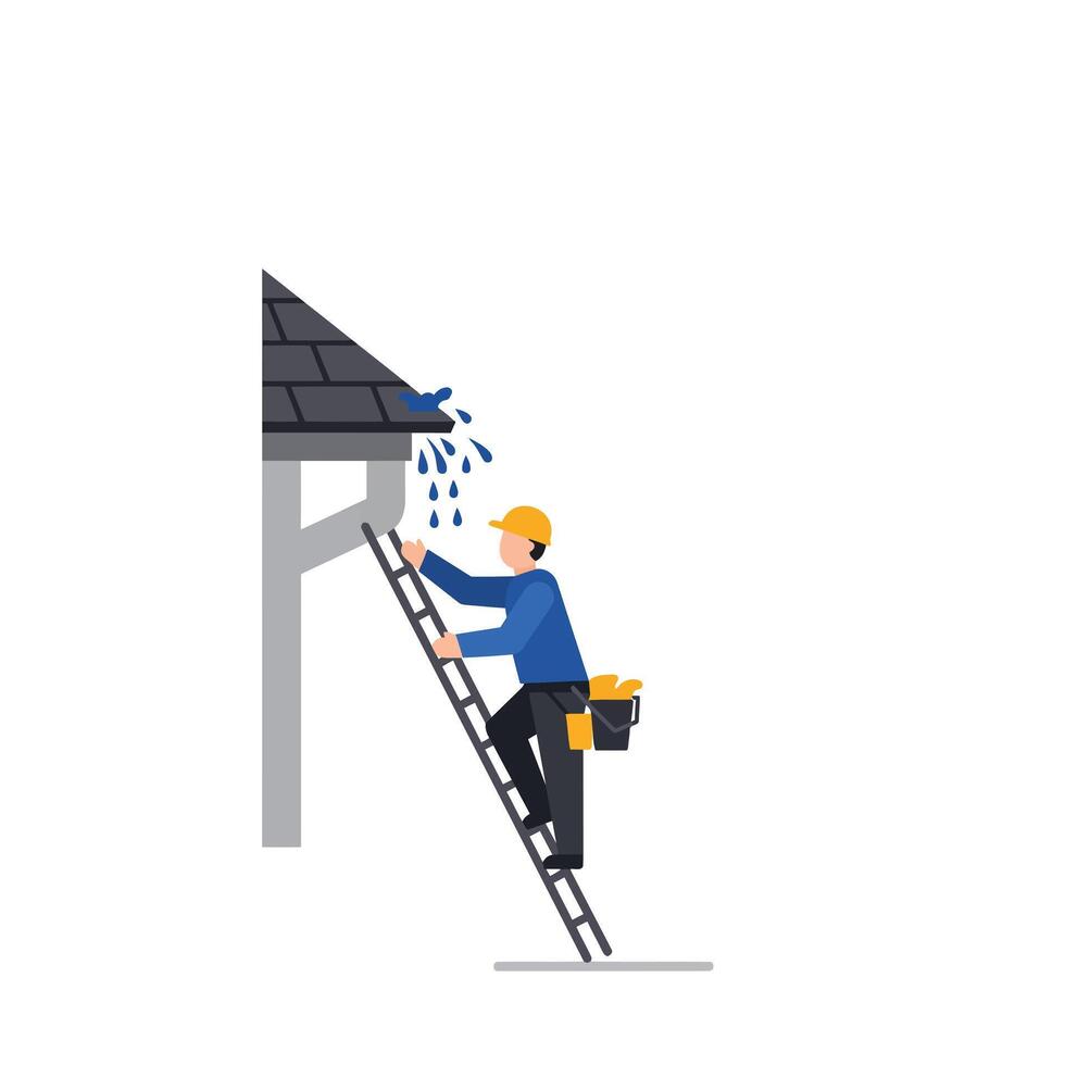 Worker on Ladder Fixing Roof Gutter in Flat Art Style vector