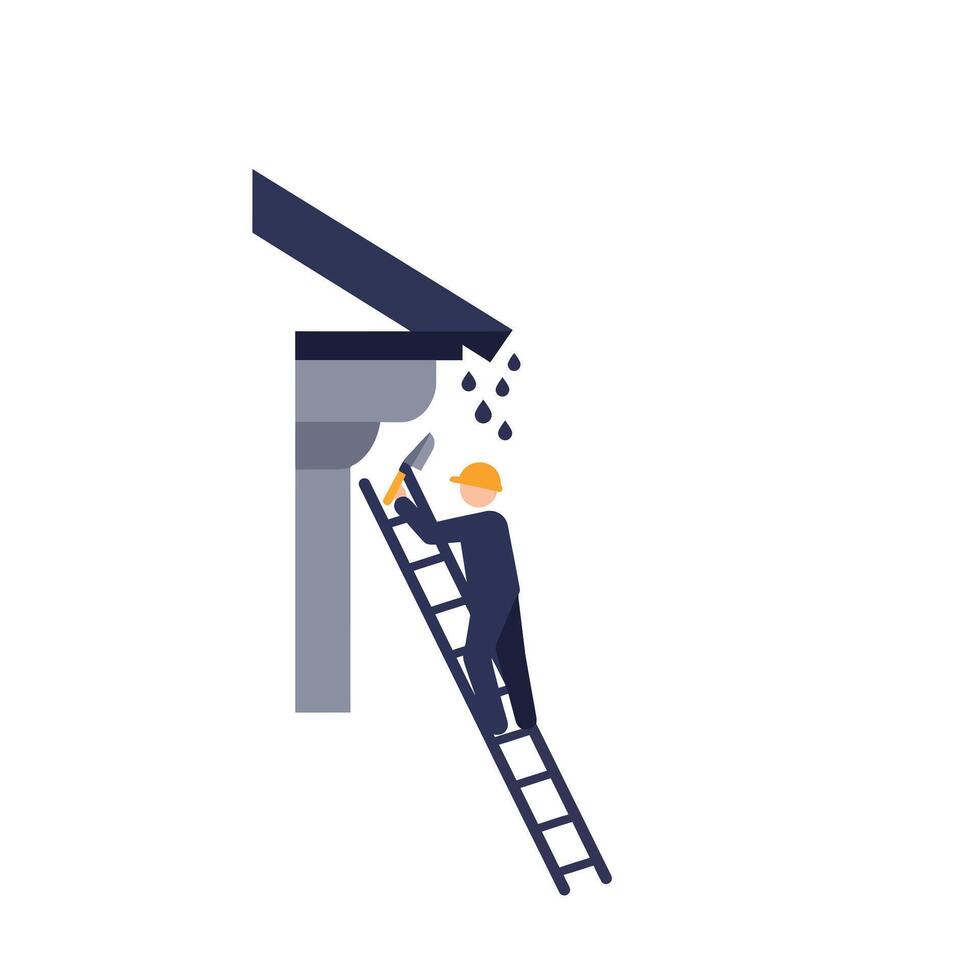 Worker fixing gutter on ladder in flat art illustration vector