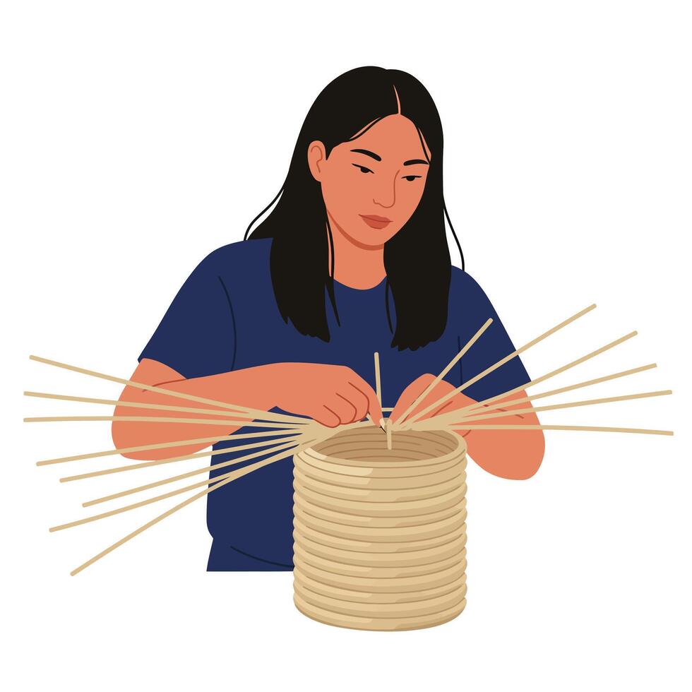 Woman skillfully weaving a basket using thin sticks in flat art vector