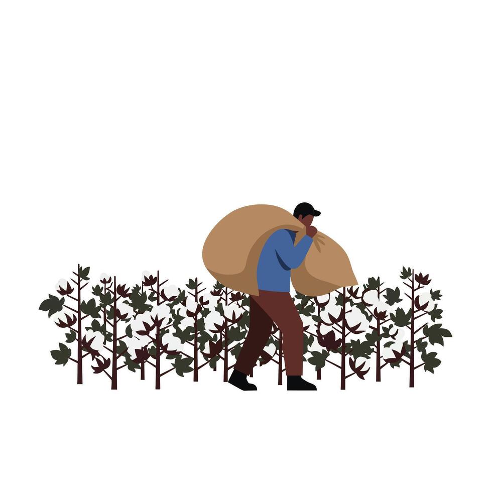 Farmer carrying a large sack while walking through a field of plants in flat art vector