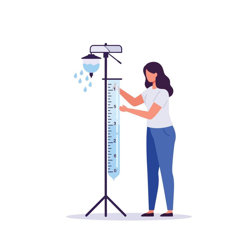 Woman measuring rainfall with a rain gauge in a flat art vector
