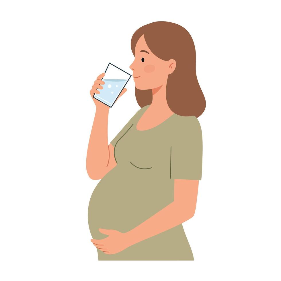 Pregnant woman drinking water in a flat, minimal design illustration vector