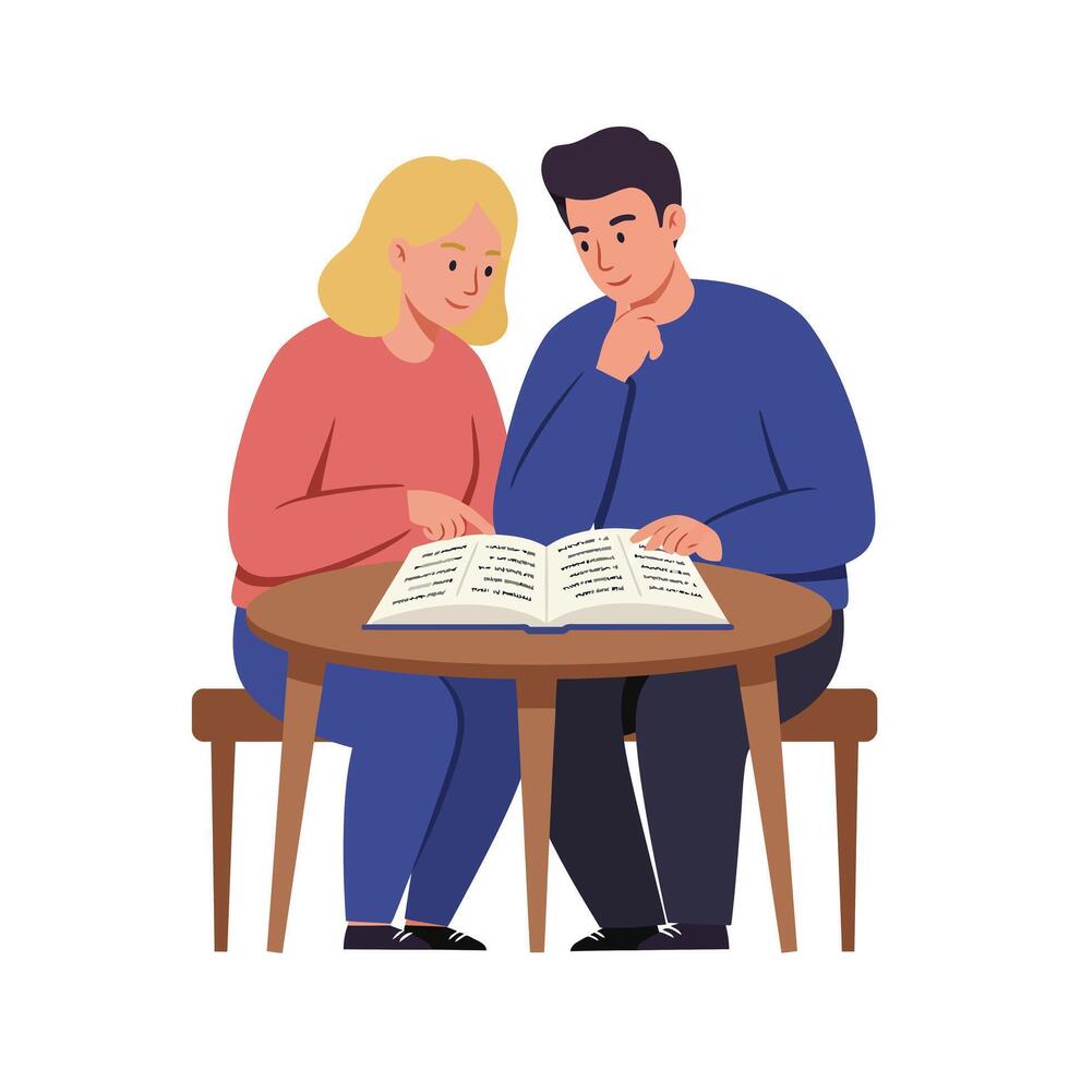 Couple reading a book together in flat art style with warm colors vector