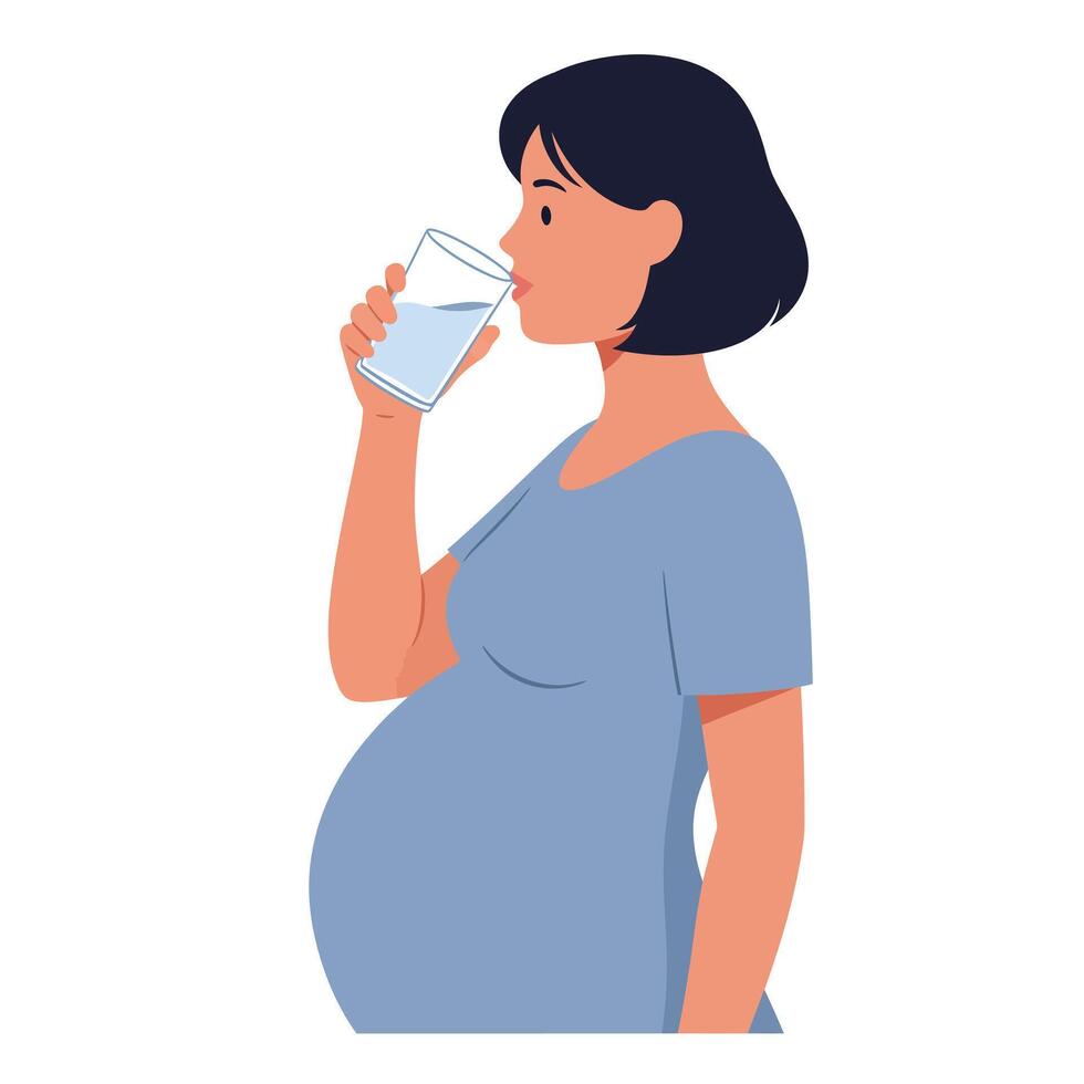 Pregnant woman drinking water in flat minimal style art vector