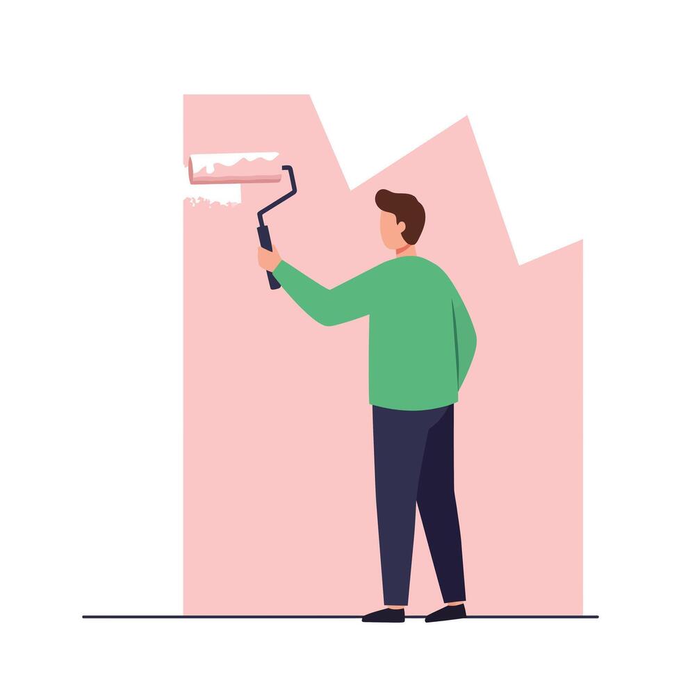 Man painting wall with roller in flat minimal art illustration vector