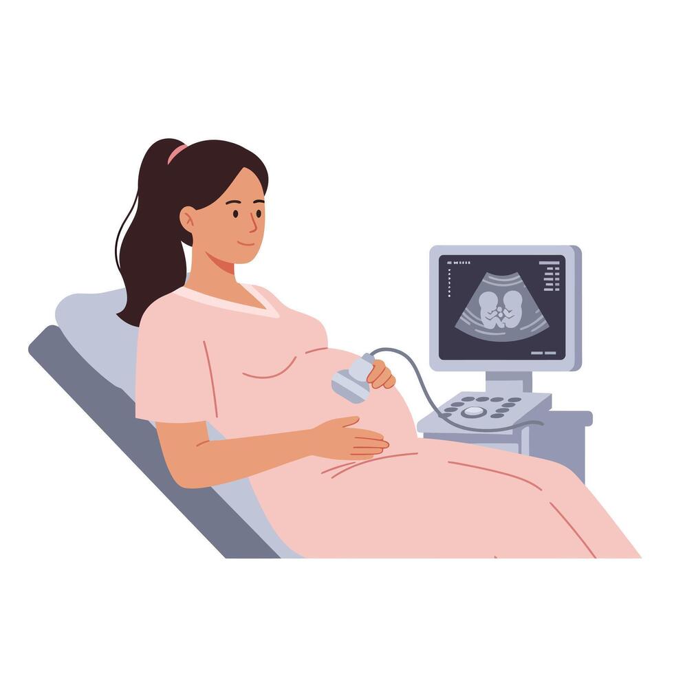 Pregnant woman in medical gown interacting with ultrasound machine in flat art vector