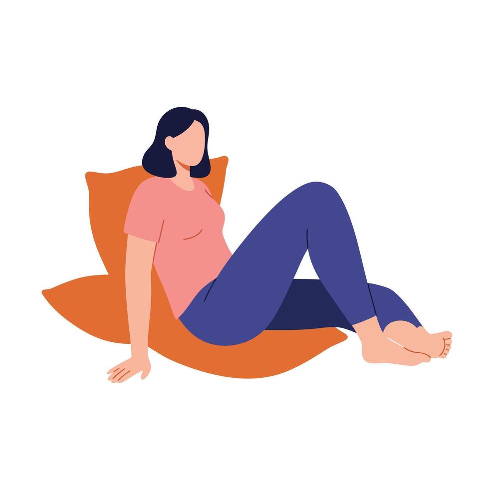 Woman relaxing on a large cushion in a flat minimal illustration vector