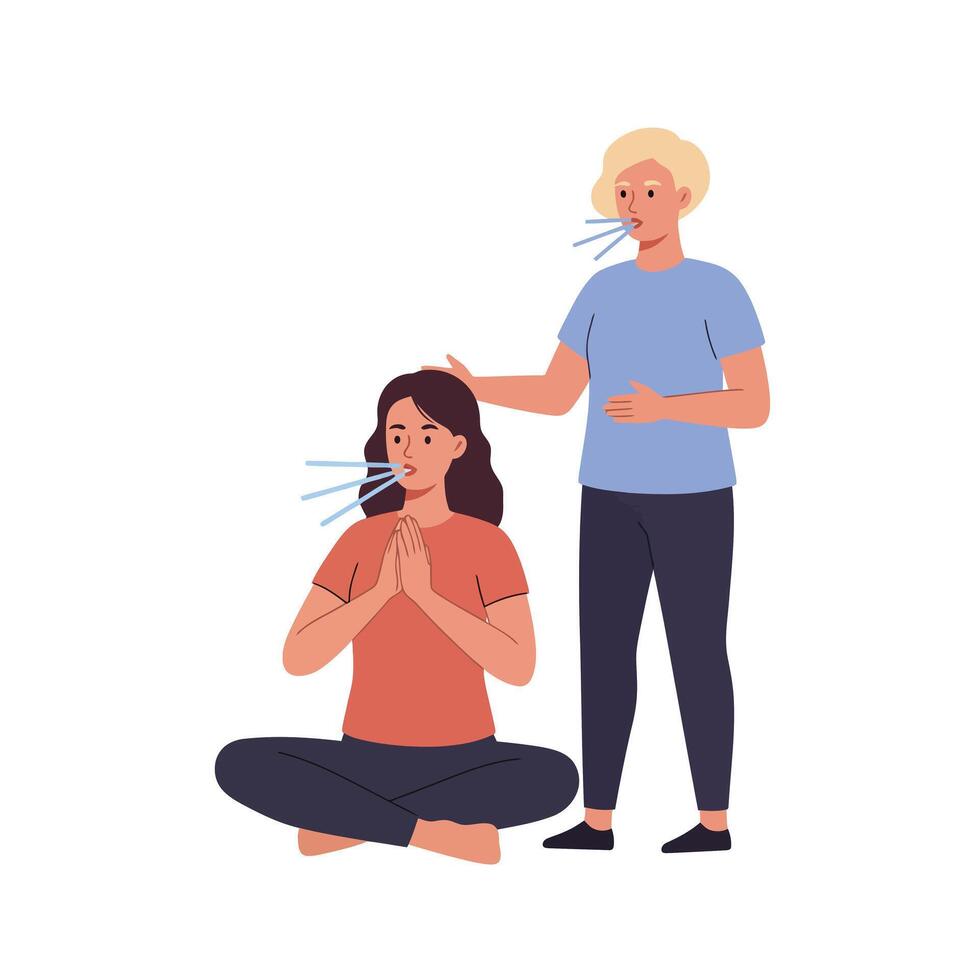 Two women practicing mindfulness in a flat style art illustration vector