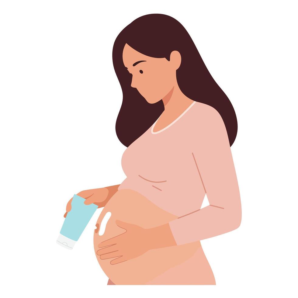 Pregnant woman applying lotion to her belly in flat art vector