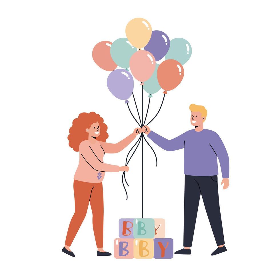 Two people celebrating with balloons and blocks in flat art vector