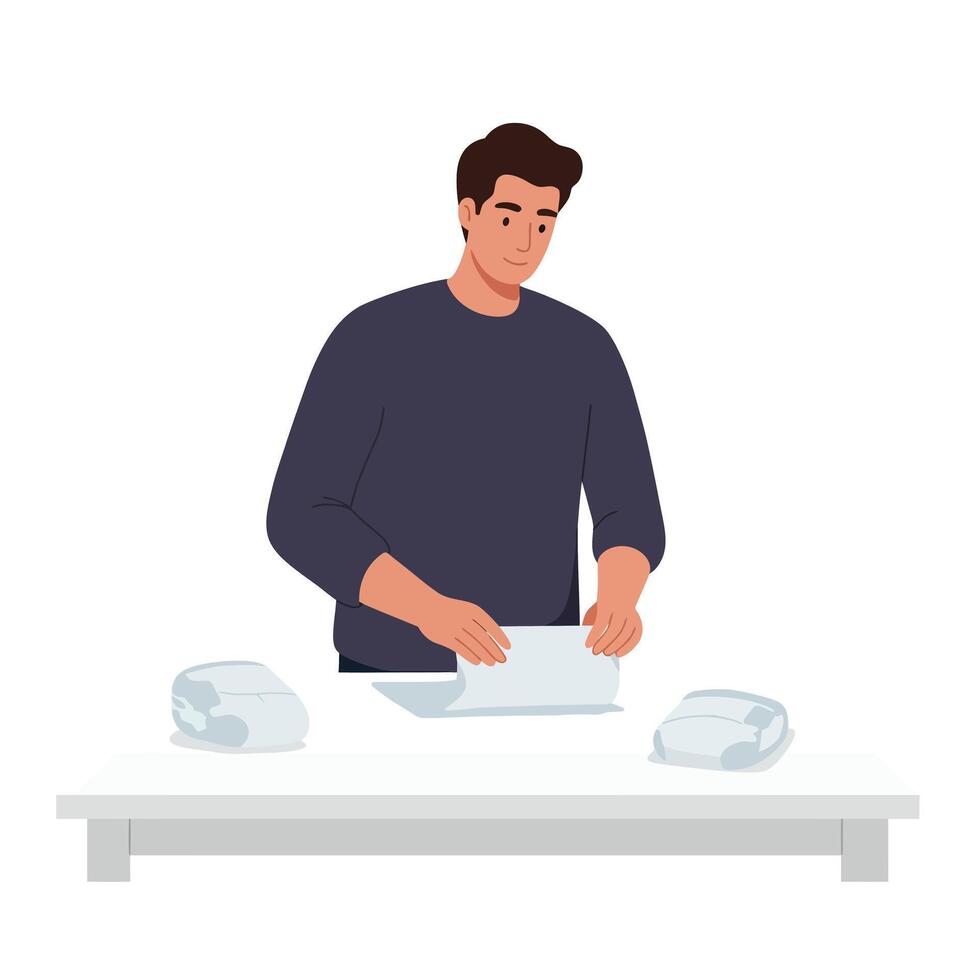 Man folding a sheet of paper in a modern flat illustration vector