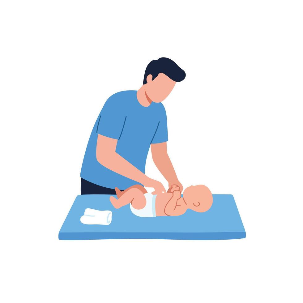 Adult changing a babys diaper on a changing table in flat art vector