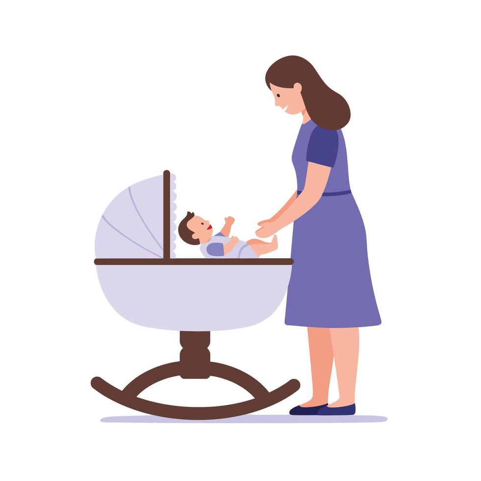 Mother caring for baby in a rocking cradle, flat art style, cheerful illustration vector