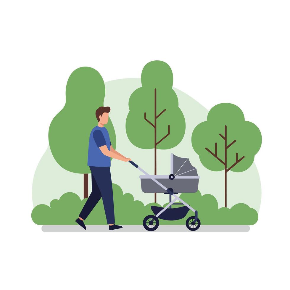 Father strolling with baby stroller in a park, flat illustration vector