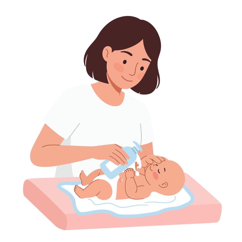 Mother feeding baby with bottle in flat, minimal style illustration vector