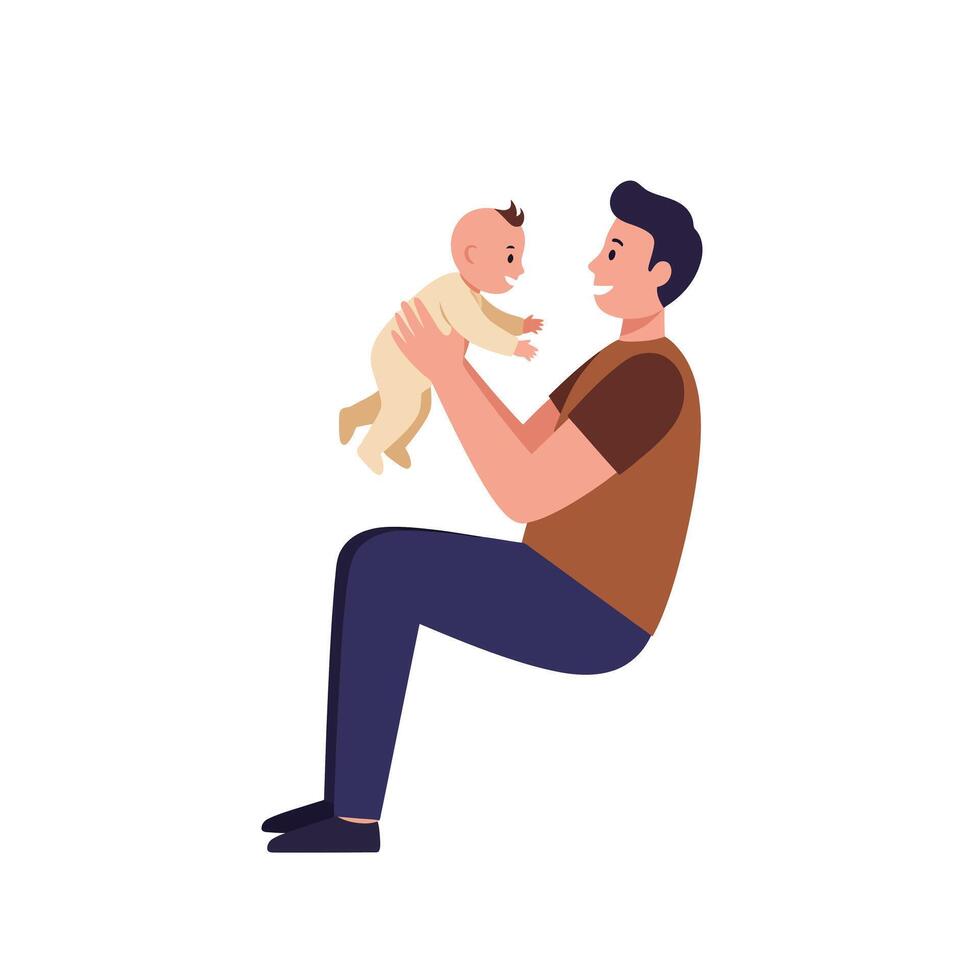 Father joyfully lifting baby in playful pose with flat design art vector