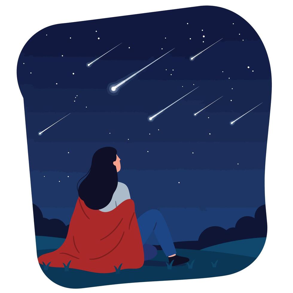 Woman gazing at shooting stars in a serene night sky flat art vector