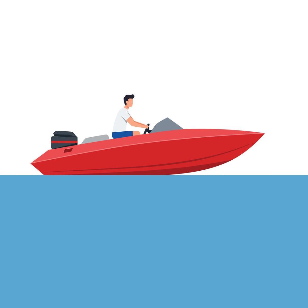 Red motorboat moving across blue water in flat illustration vector
