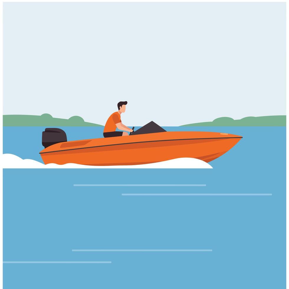 Orange speedboat navigating through blue water in flat art style illustration vector
