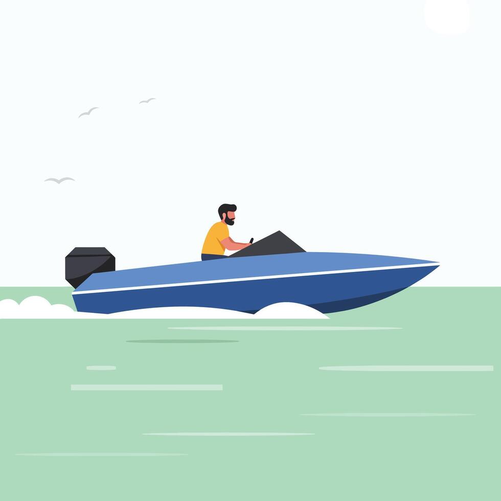 Speeding boat illustration featuring a person enjoying water sports in flat art vector