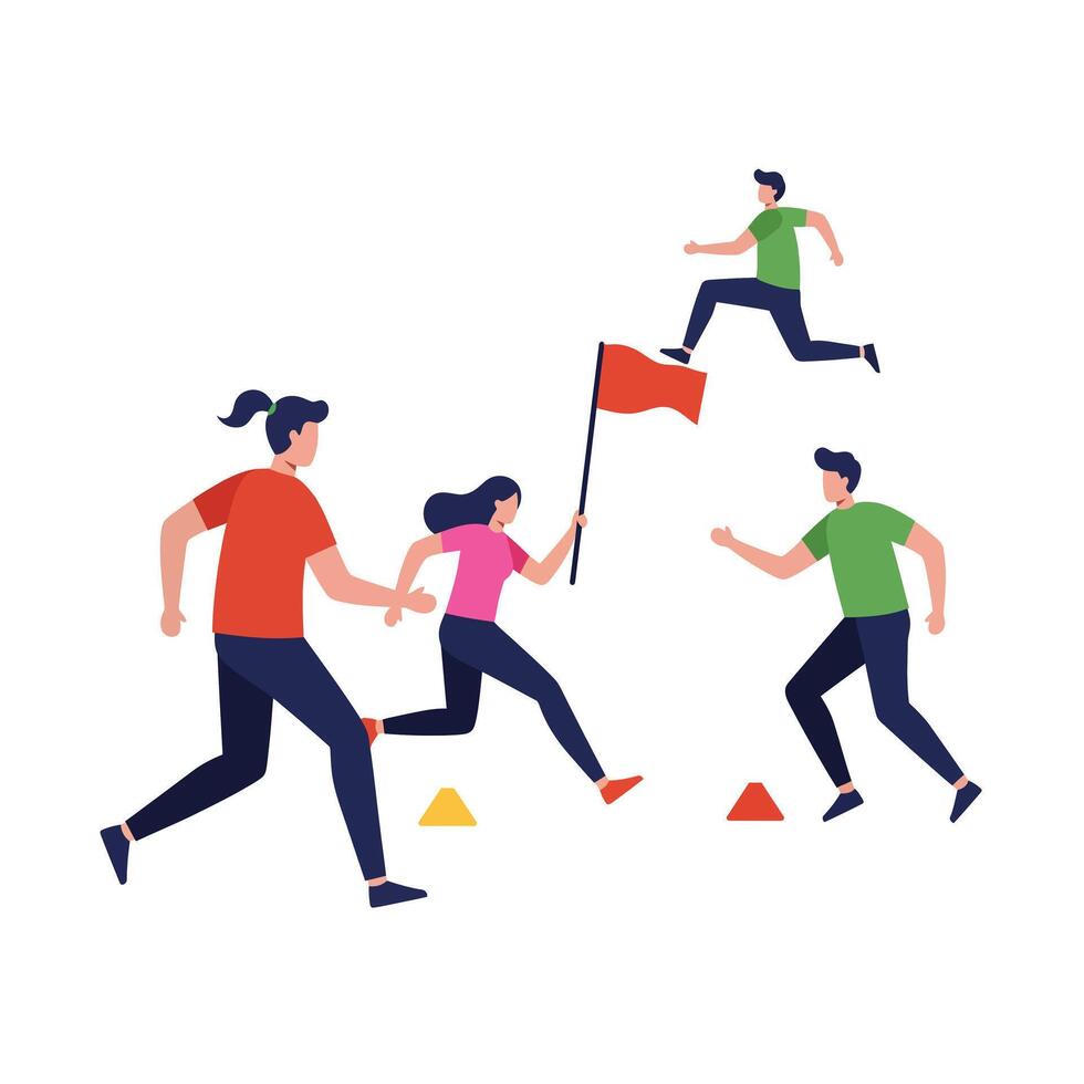 Group of runners competing in a relay race with vibrant colors and dynamic poses illustration vector