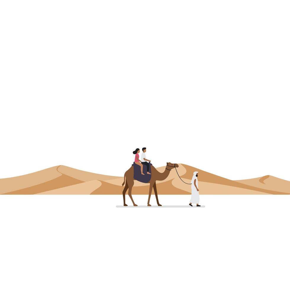 Camel journey across desert landscape in flat art style vector