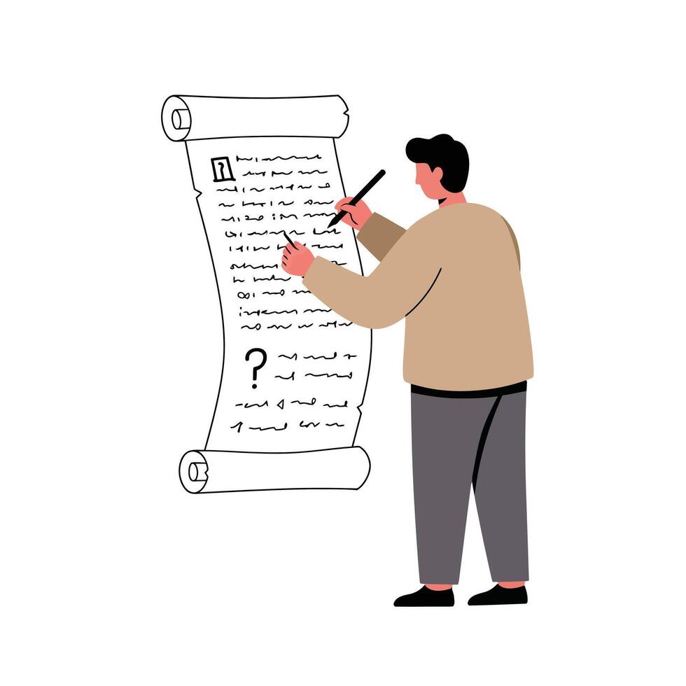 Person writing on a scroll with a question mark in flat art vector