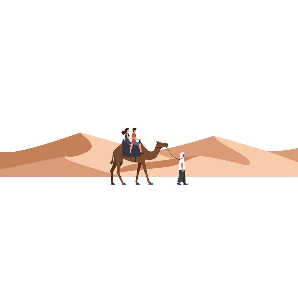 Camel ride through desert dunes in flat art style with travelers and local guide illustration vector