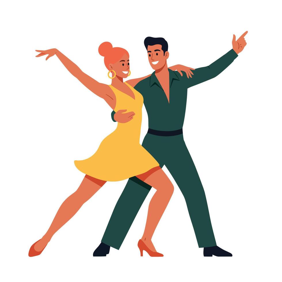 Dancing couple in stylish outfits showcasing joy in flat art vector