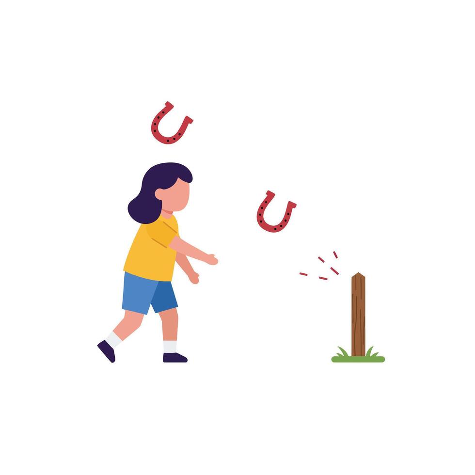 Child throwing horseshoes in a playful scene with flat design illustration vector
