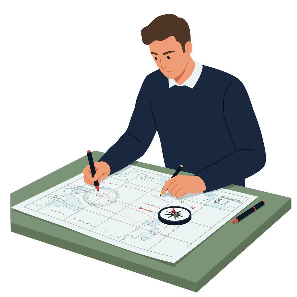 Person analyzing blueprints with compass in flat illustration style vector