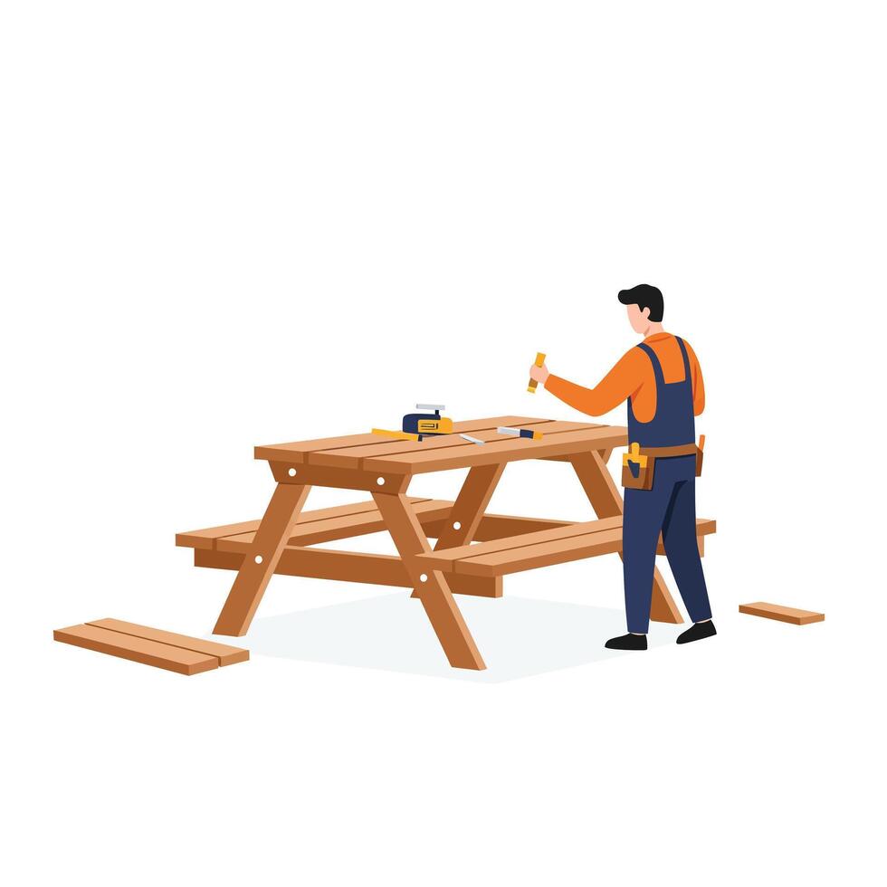 Construction worker assembling wooden picnic table in flat art style illustration vector