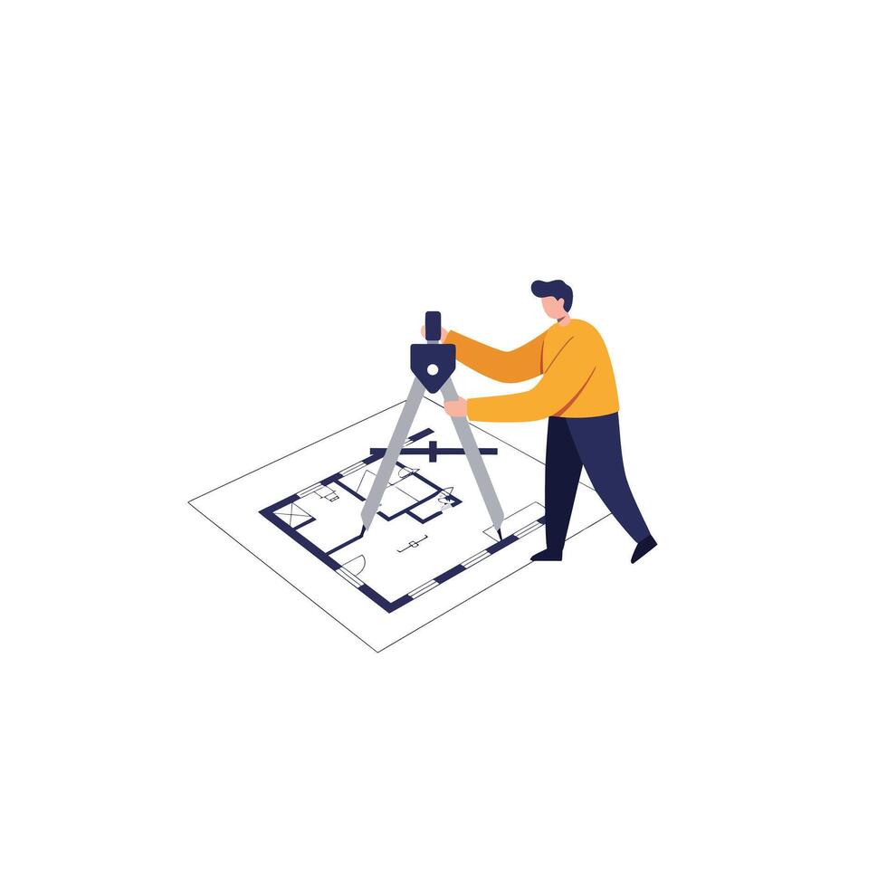 Architect using a compass on a blueprint in a flat art style vector