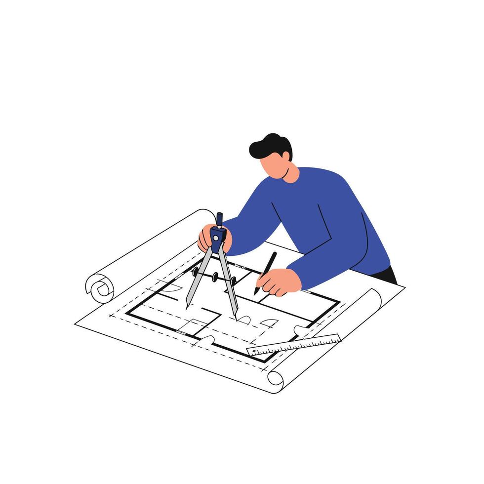 Architect using compass and ruler to design detailed building plans in flat art vector