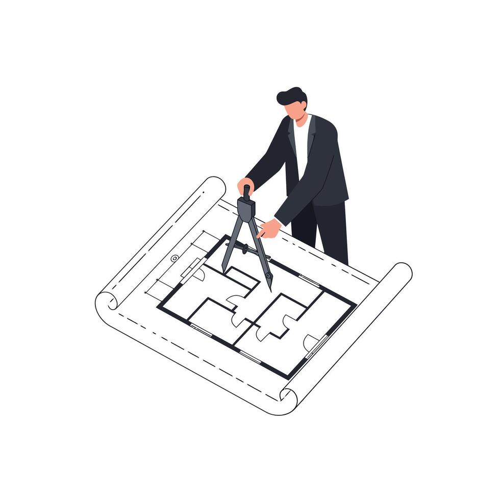 Architect using compass on blueprint in minimal flat design art vector