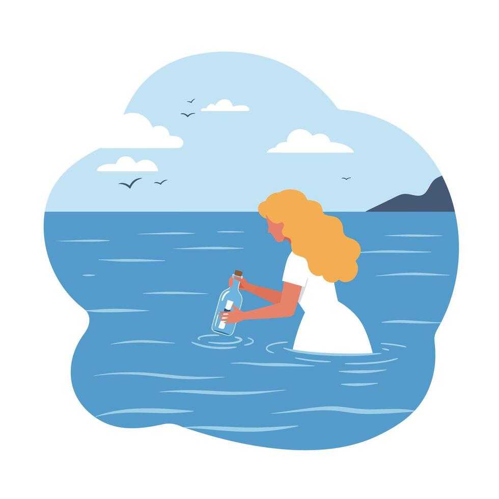 Woman in water sending message in bottle flat art vector