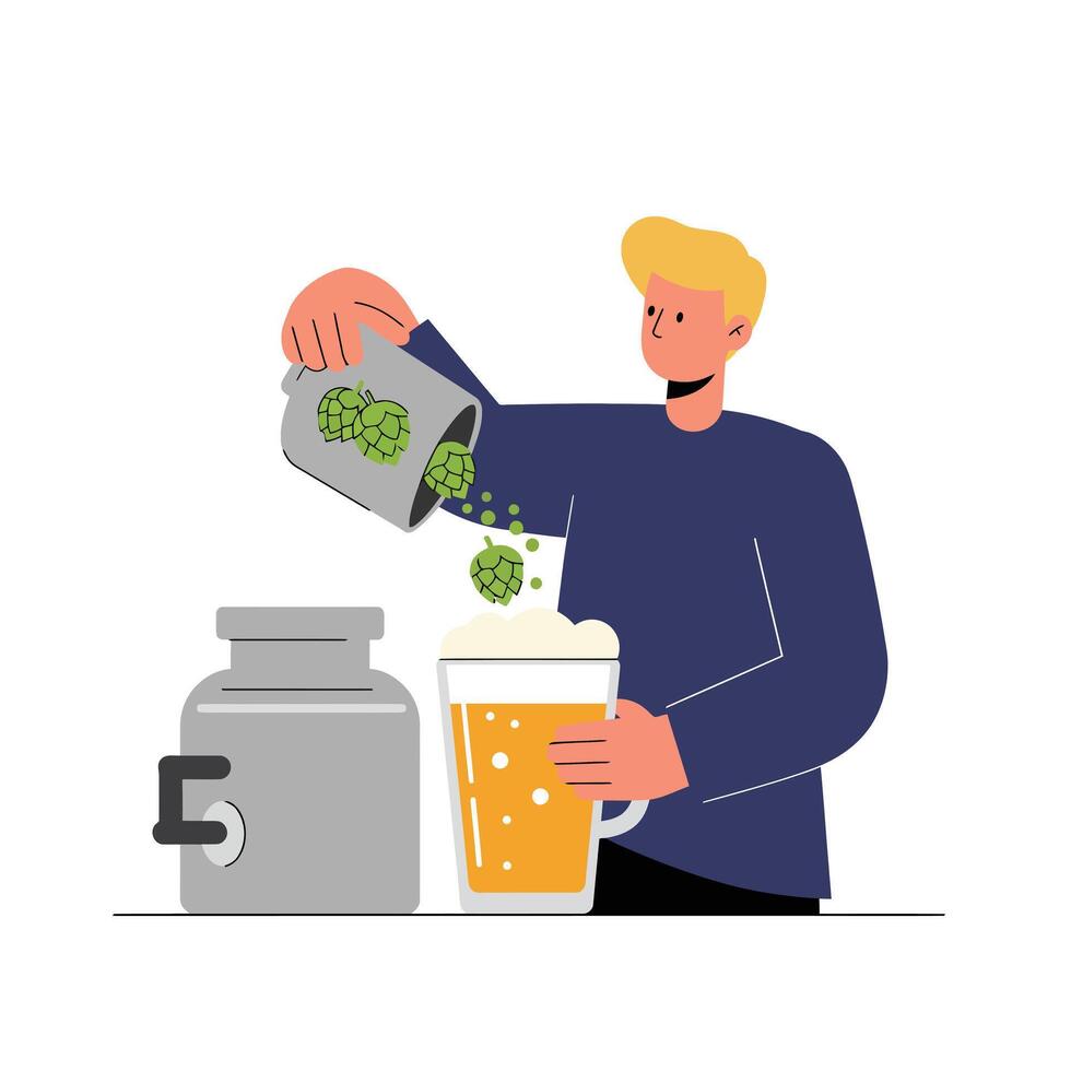 Person pouring hops into beer mug in flat illustration vector