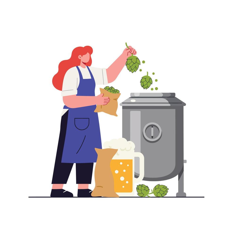 Woman adding hops to brewing tank in flat illustration style vector