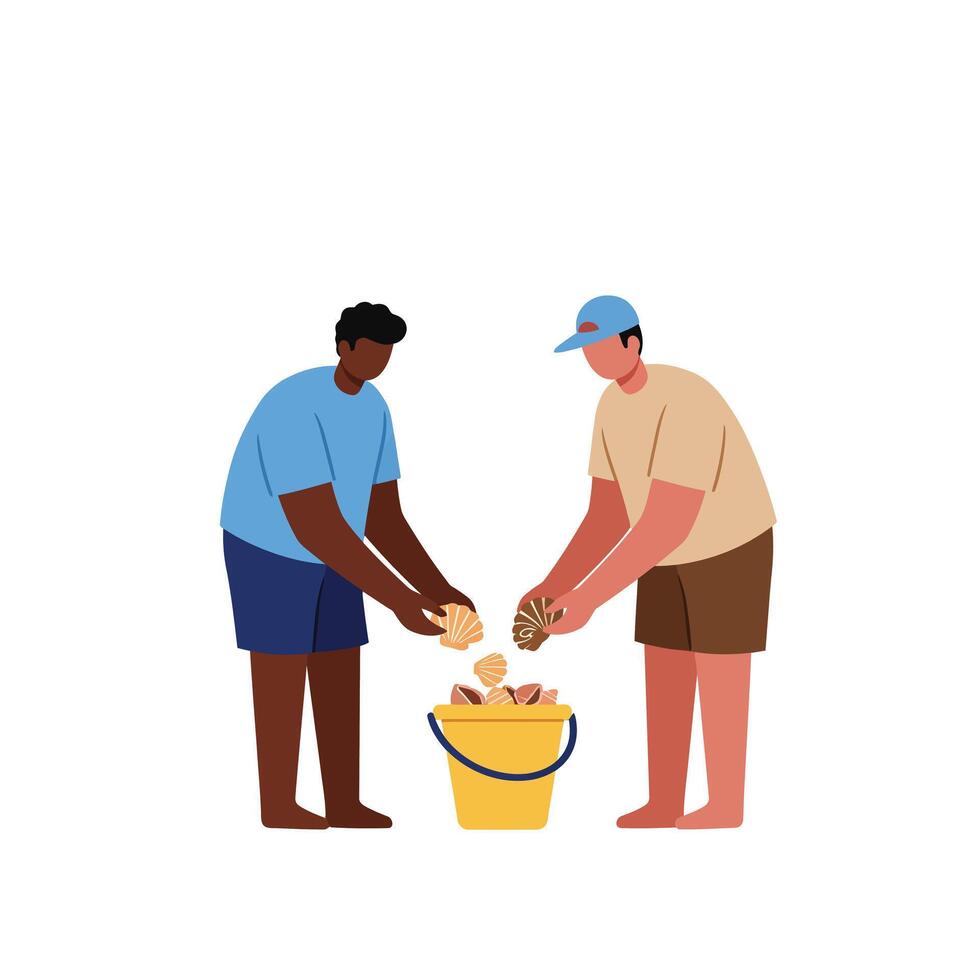 Two people gathering shells with a bucket in a flat illustration vector