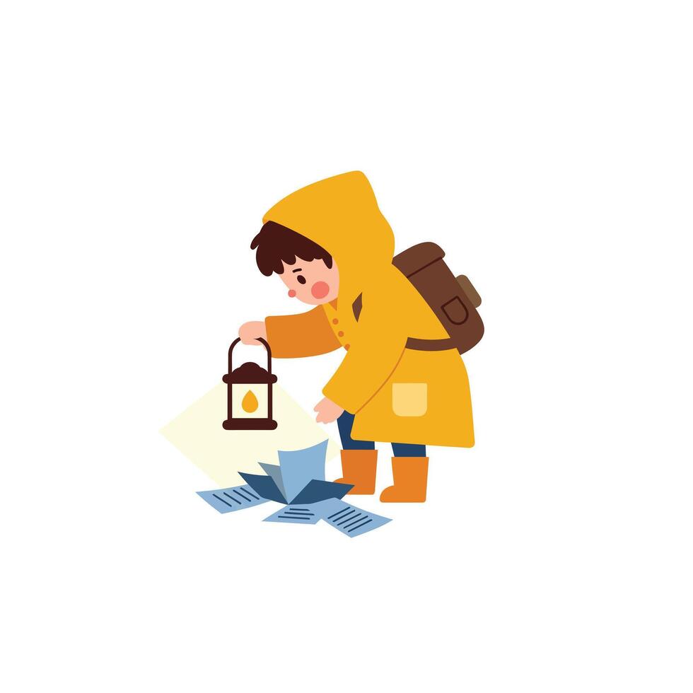 Child in yellow raincoat holding lantern examining scattered papers flat art vector