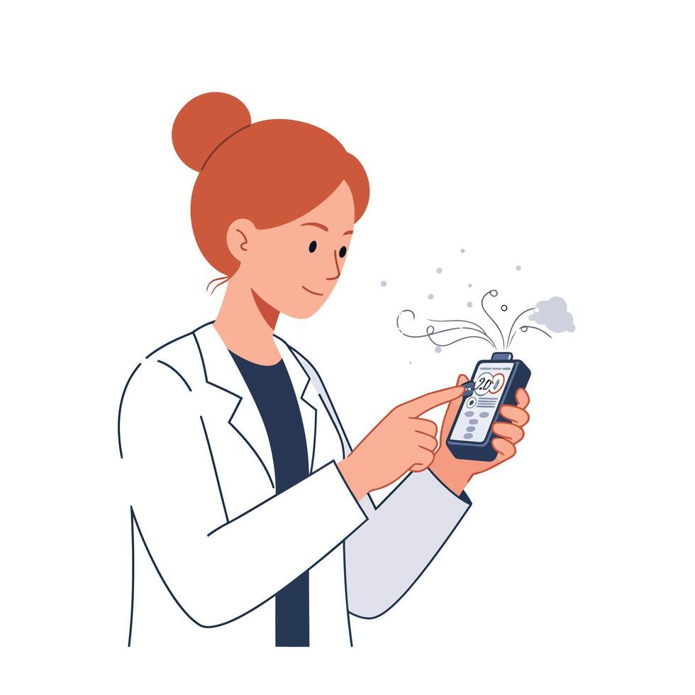 Doctor interacting with smartphone in flat illustration style showcasing healthcare technology vector
