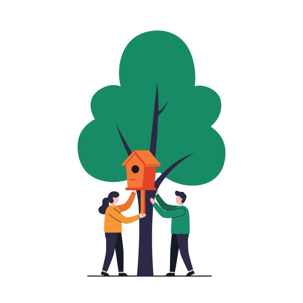 Two people hanging a birdhouse on a tree in flat art vector