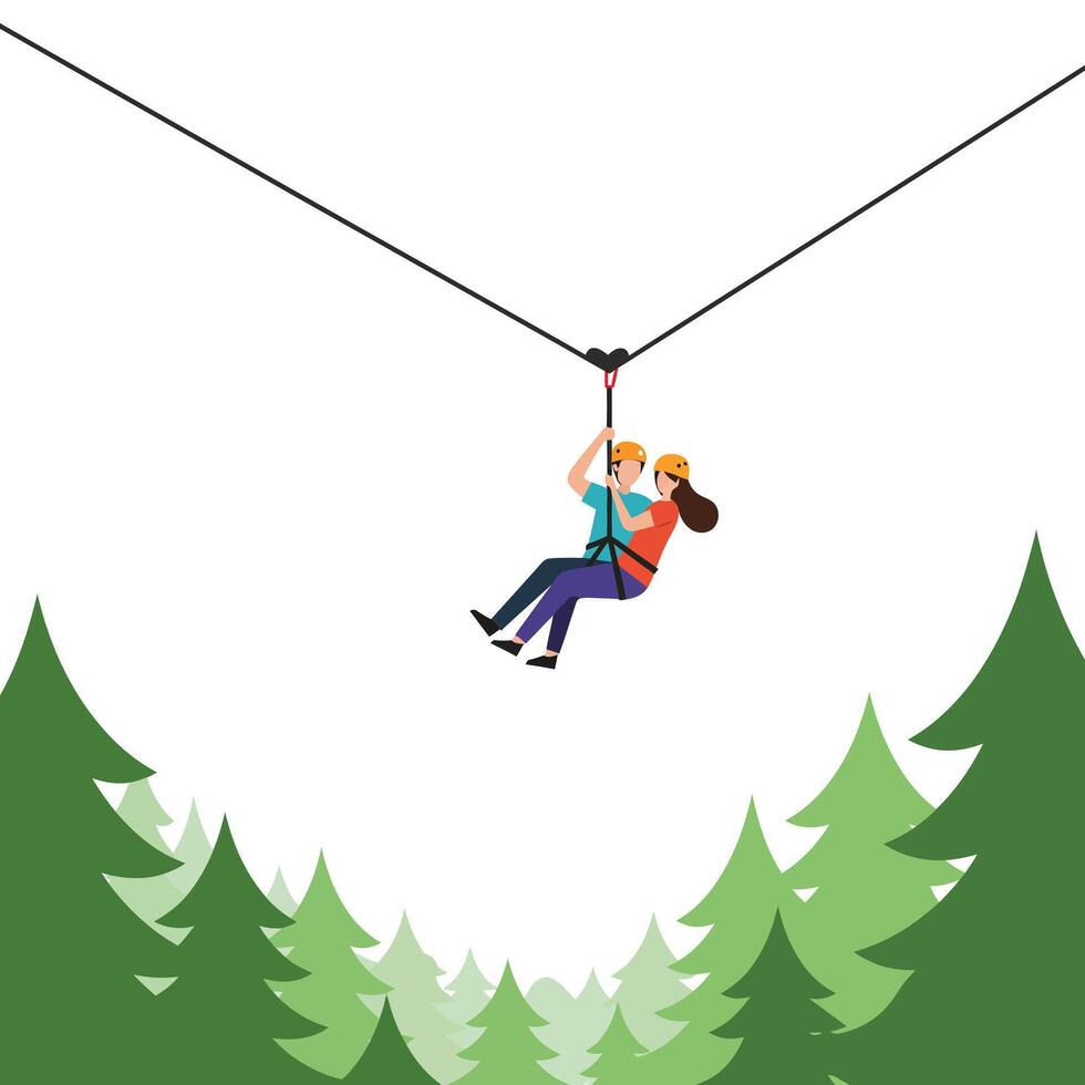 Two adventurers zip-lining through lush green trees in flat art vector