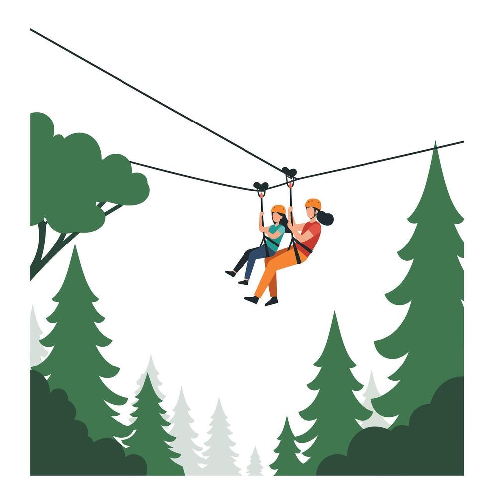 Zipline adventure through lush green trees in flat art style vector